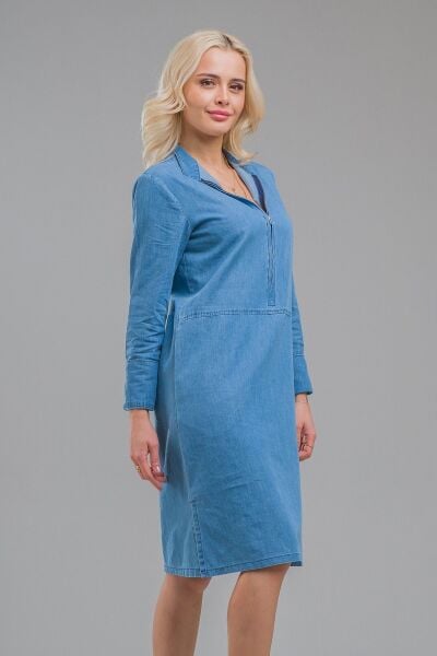 Kadın Indigo  Dik Yaka Fermuarlı Kol Düğmeli Geniş Manşetli Cepli Ince Kot Elbise indigo açık mavi