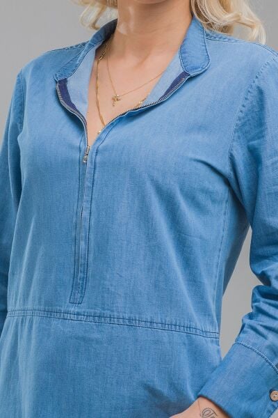 Kadın Indigo  Dik Yaka Fermuarlı Kol Düğmeli Geniş Manşetli Cepli Ince Kot Elbise indigo açık mavi