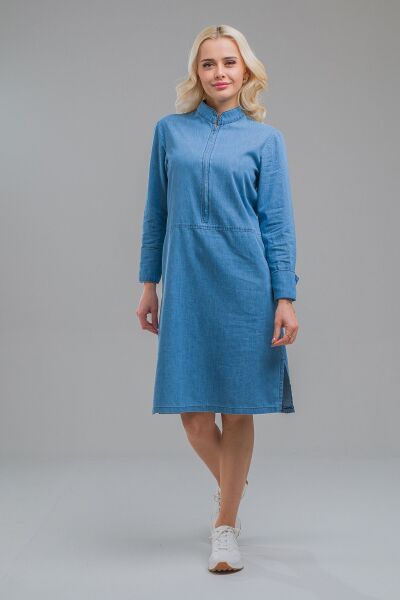 Kadın Indigo  Dik Yaka Fermuarlı Kol Düğmeli Geniş Manşetli Cepli Ince Kot Elbise indigo açık mavi