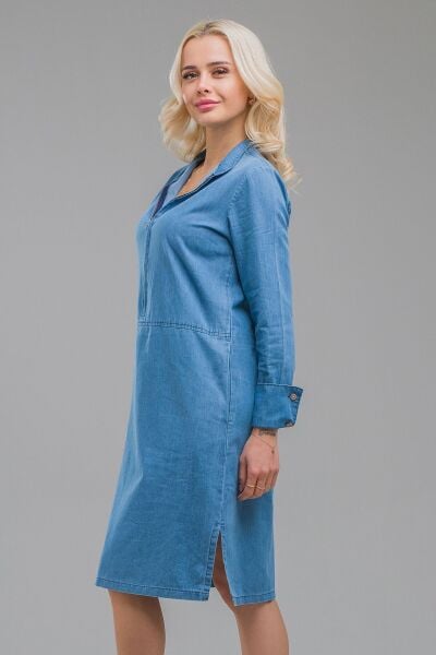 Kadın Indigo  Dik Yaka Fermuarlı Kol Düğmeli Geniş Manşetli Cepli Ince Kot Elbise indigo açık mavi