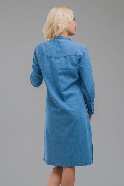 Kadın Indigo  Dik Yaka Fermuarlı Kol Düğmeli Geniş Manşetli Cepli Ince Kot Elbise indigo açık mavi