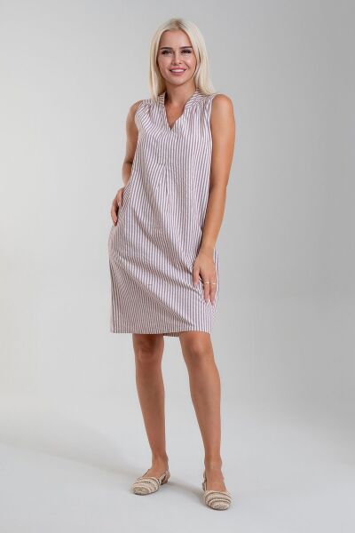 Cepli Yıkanmış Pamuk Likralı Elbise BORDO EKRU ÇİZGİL - L