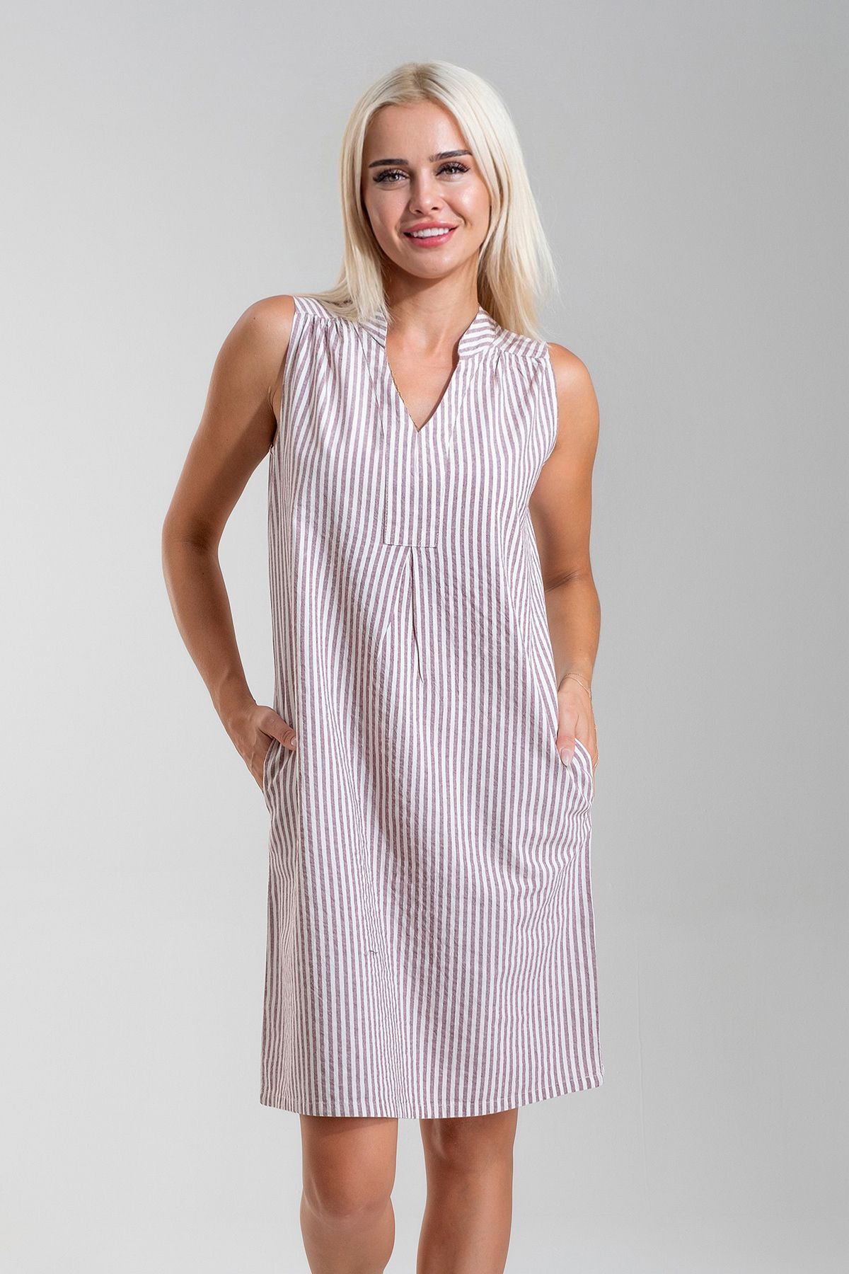 Cepli Yıkanmış Pamuk Likralı Elbise BORDO EKRU ÇİZGİL - L