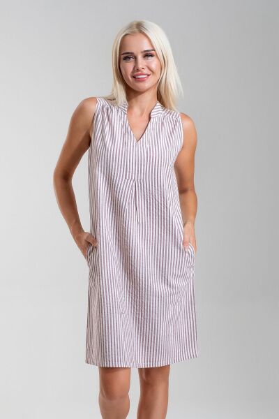 Cepli Yıkanmış Pamuk Likralı Elbise BORDO EKRU ÇİZGİL - L