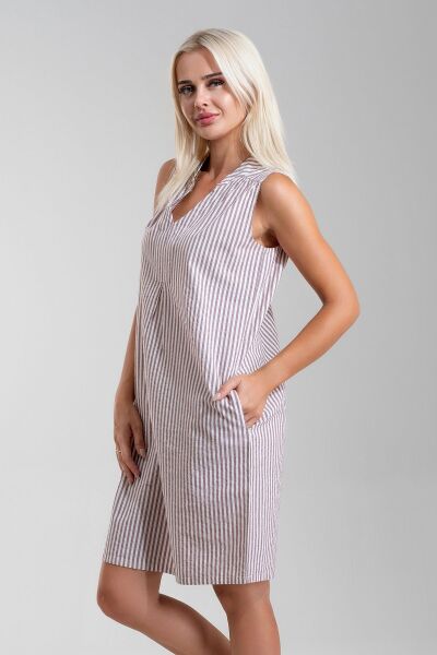 Cepli Yıkanmış Pamuk Likralı Elbise BORDO EKRU ÇİZGİL - L