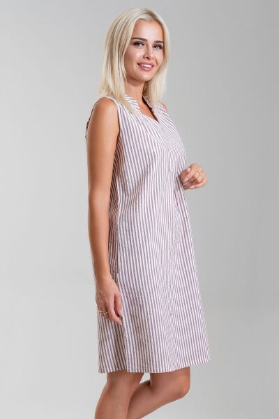 Cepli Yıkanmış Pamuk Likralı Elbise BORDO EKRU ÇİZGİL - L