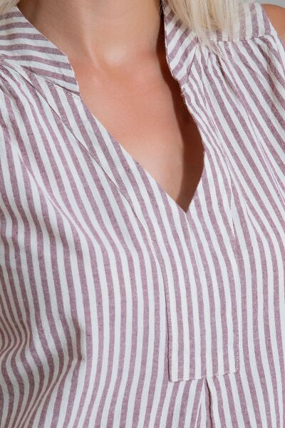 Cepli Yıkanmış Pamuk Likralı Elbise BORDO EKRU ÇİZGİL - L