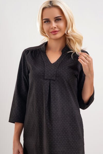 Bold & Young Kadın Siyah Kadife Desenli Elbise – V Yaka, 3/4 Kol, Günlük Şık Model 2XL