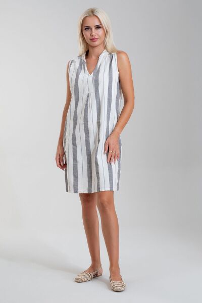 Cepli Yıkanmış Pamuk Likralı Elbise SİYAH EKRU GENİŞ ÇİZGİLİ - XS