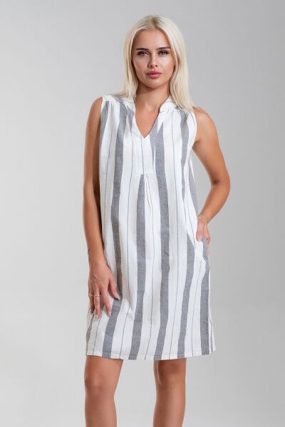 Cepli Yıkanmış Pamuk Likralı Elbise SİYAH EKRU GENİŞ ÇİZGİLİ - XS