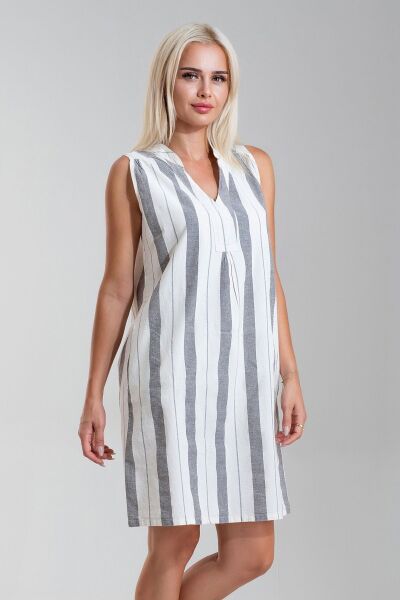 Cepli Yıkanmış Pamuk Likralı Elbise SİYAH EKRU GENİŞ ÇİZGİLİ - XS