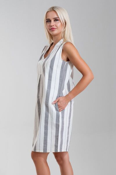 Cepli Yıkanmış Pamuk Likralı Elbise SİYAH EKRU GENİŞ ÇİZGİLİ - XS