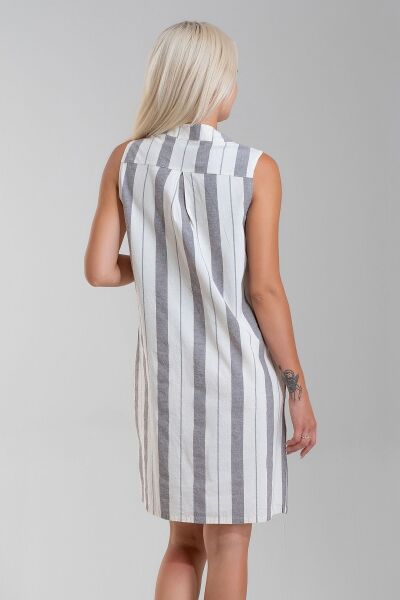 Cepli Yıkanmış Pamuk Likralı Elbise SİYAH EKRU GENİŞ ÇİZGİLİ - XS