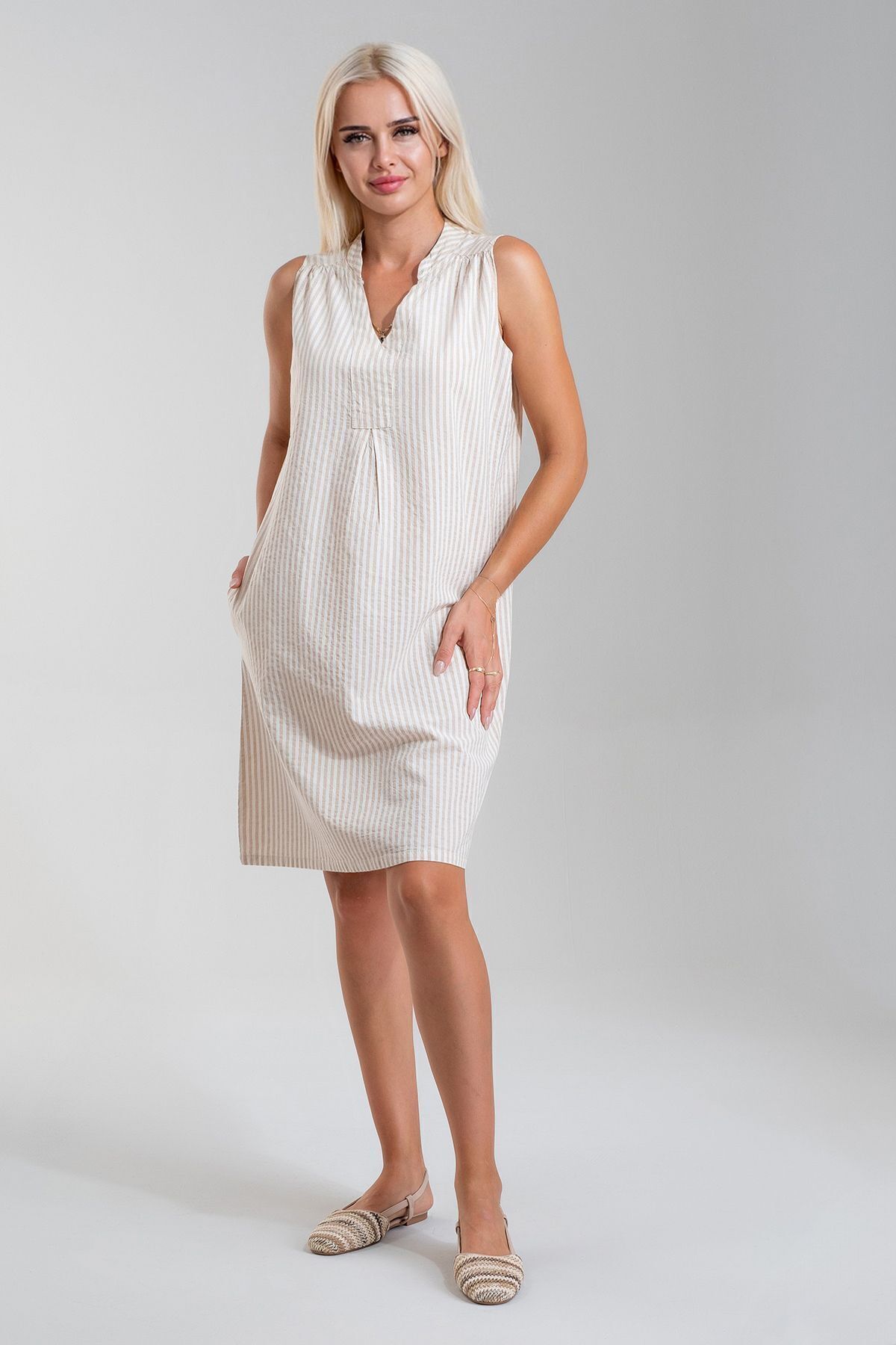 Cepli Yıkanmış Pamuk Likralı Elbise CAMEK EKRU ÇİZGİLİ - XL