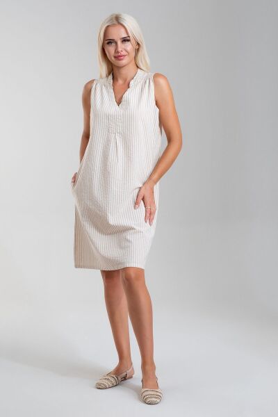 Cepli Yıkanmış Pamuk Likralı Elbise CAMEK EKRU ÇİZGİLİ - XL