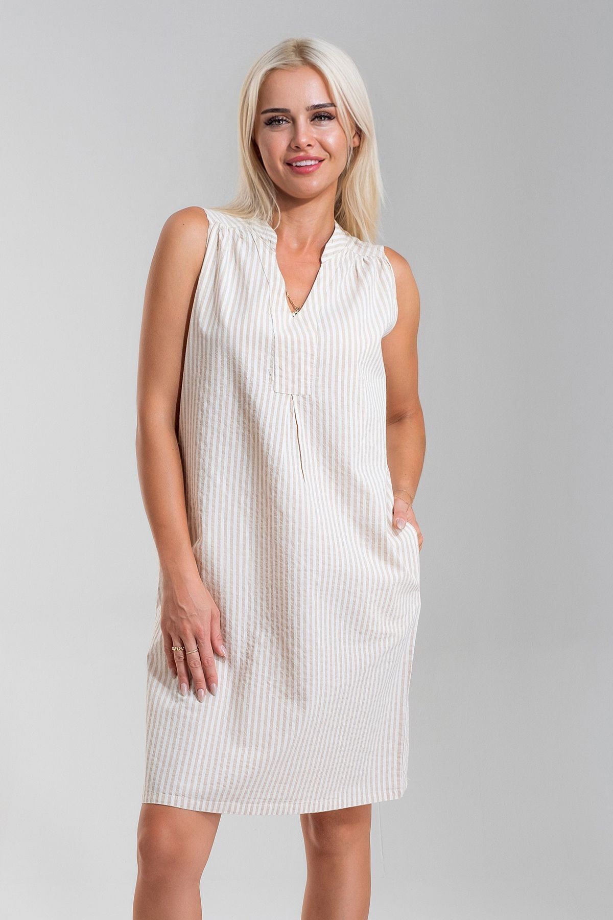 Cepli Yıkanmış Pamuk Likralı Elbise CAMEK EKRU ÇİZGİLİ - XL