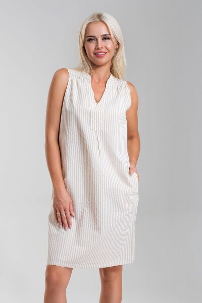 Cepli Yıkanmış Pamuk Likralı Elbise CAMEK EKRU ÇİZGİLİ - XL