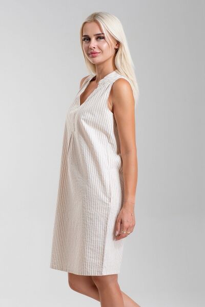 Cepli Yıkanmış Pamuk Likralı Elbise CAMEK EKRU ÇİZGİLİ - XL