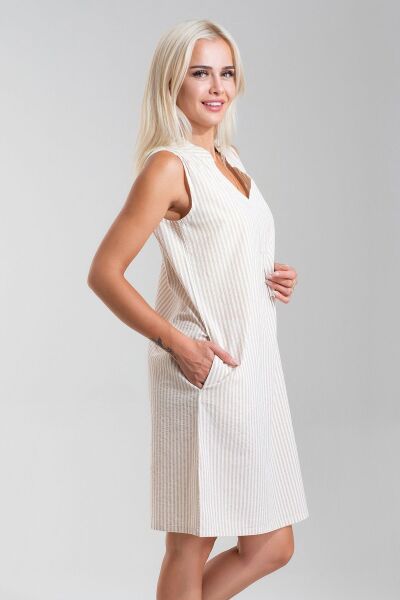 Cepli Yıkanmış Pamuk Likralı Elbise CAMEK EKRU ÇİZGİLİ - XL