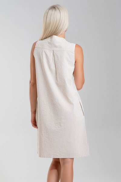 Cepli Yıkanmış Pamuk Likralı Elbise CAMEK EKRU ÇİZGİLİ - XL