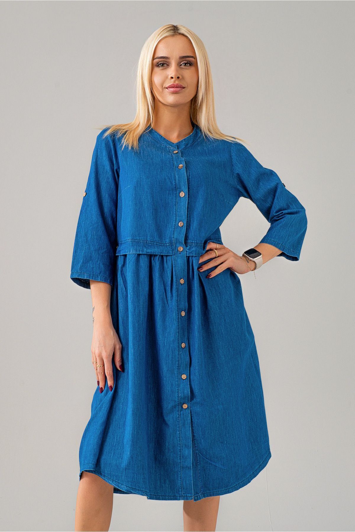 Kadın Indigo Beli Pervazlı Salaş Kol Britli Cepli Ince Kot Gömlek Elbise indigo mavi - S