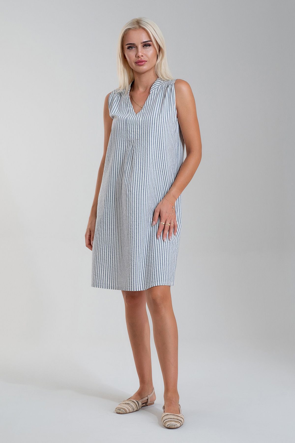 Cepli Yıkanmış Pamuk Likralı Elbise lacivert ekru çizgili - 2XL