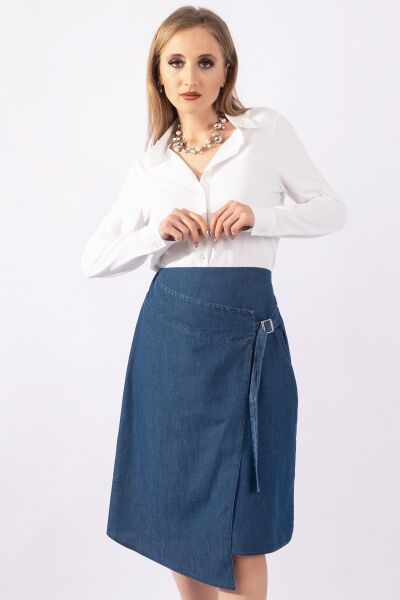 Kadın Anvelop Beli Lastikli Tokalı Kot Etek indigo - M