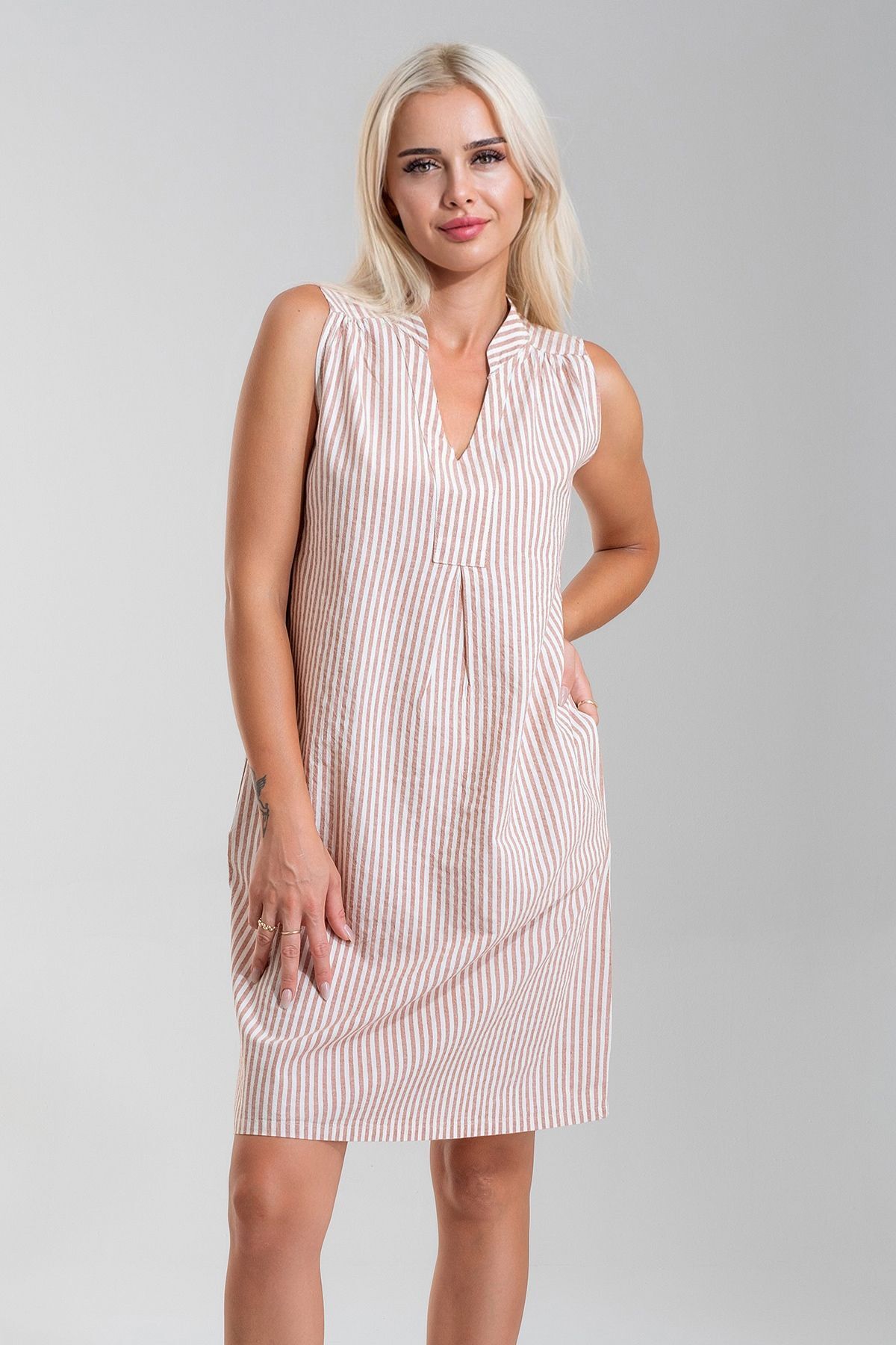 Cepli Yıkanmış Pamuk Likralı Elbise TURUNCU EKRU ÇİZGİLİ - XS