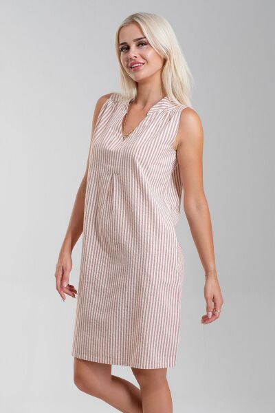 Cepli Yıkanmış Pamuk Likralı Elbise TURUNCU EKRU ÇİZGİLİ - XS