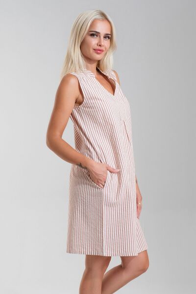 Cepli Yıkanmış Pamuk Likralı Elbise TURUNCU EKRU ÇİZGİLİ - XS