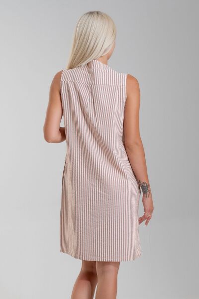 Cepli Yıkanmış Pamuk Likralı Elbise TURUNCU EKRU ÇİZGİLİ - XS