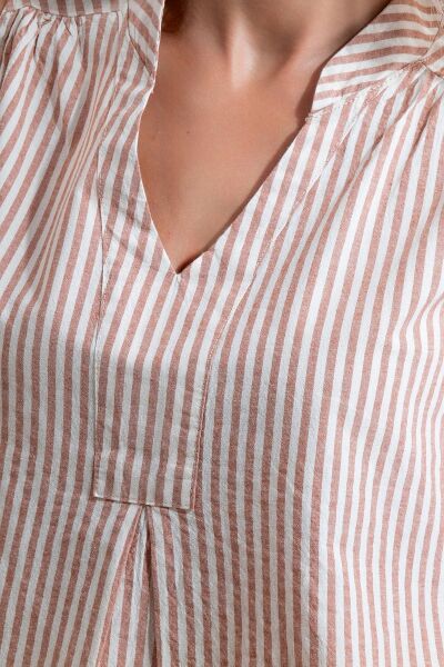 Cepli Yıkanmış Pamuk Likralı Elbise TURUNCU EKRU ÇİZGİLİ - XS