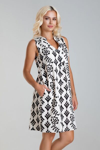 Cepli Yıkanmış Pamuk Likralı Elbise siyah çiçek desen - S