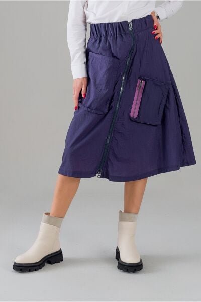 Kadın Yeşil Astarlı Fermuarlı Astarlı Cepli Paraşüt Etek indigo fuşya astarlı - L