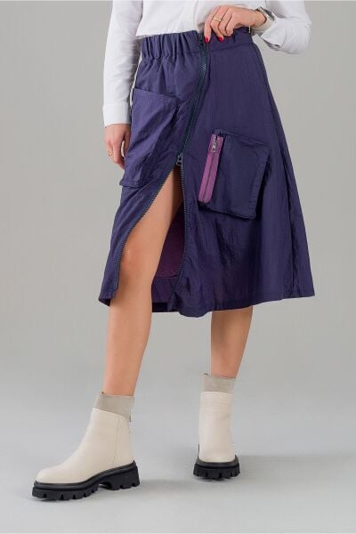 Kadın Yeşil Astarlı Fermuarlı Astarlı Cepli Paraşüt Etek indigo fuşya astarlı - L