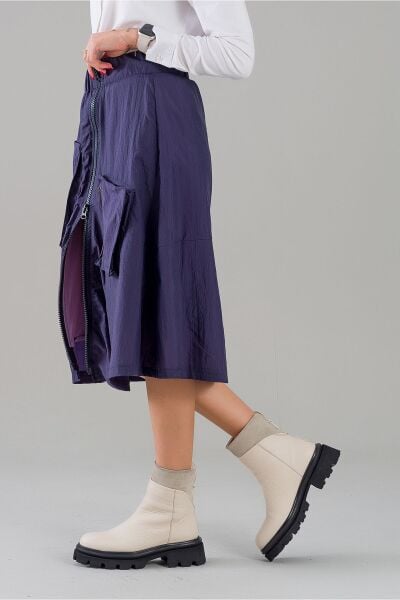 Kadın Yeşil Astarlı Fermuarlı Astarlı Cepli Paraşüt Etek indigo fuşya astarlı - L