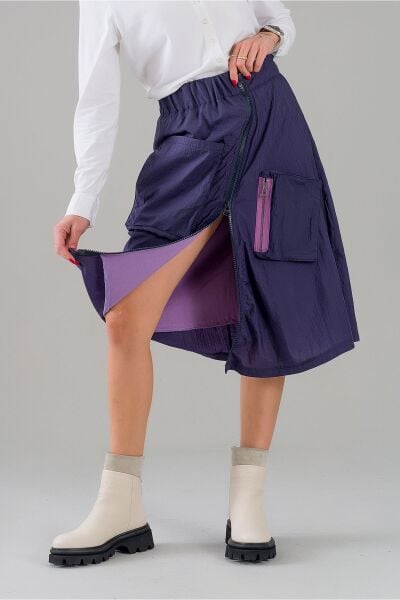 Kadın Yeşil Astarlı Fermuarlı Astarlı Cepli Paraşüt Etek indigo fuşya astarlı - L