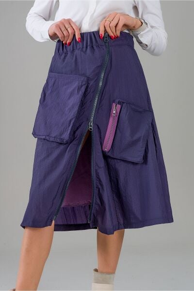 Kadın Yeşil Astarlı Fermuarlı Astarlı Cepli Paraşüt Etek indigo fuşya astarlı - L