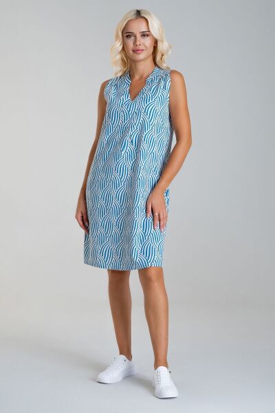 Cepli Yıkanmış Pamuk Likralı Elbise mavi geometrik desen - S