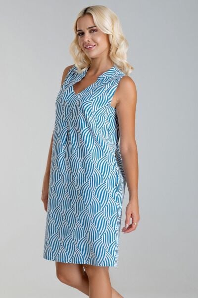 Cepli Yıkanmış Pamuk Likralı Elbise mavi geometrik desen - S