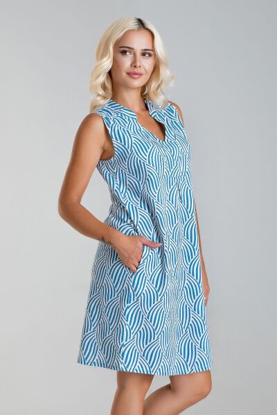 Cepli Yıkanmış Pamuk Likralı Elbise mavi geometrik desen - S