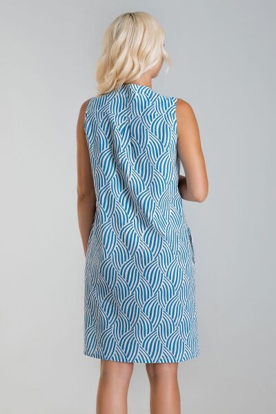Cepli Yıkanmış Pamuk Likralı Elbise mavi geometrik desen - S
