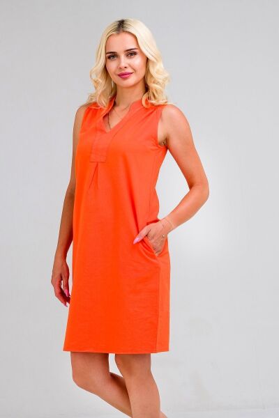 Cepli Yıkanmış Pamuk Likralı Elbise Turuncu - M