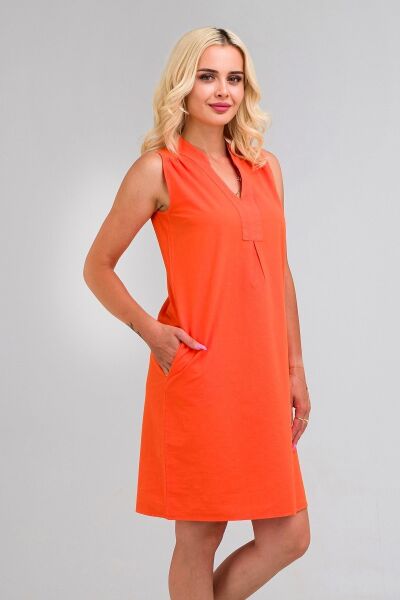 Cepli Yıkanmış Pamuk Likralı Elbise Turuncu - M