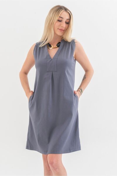 Cepli Yıkanmış Pamuk Likralı Elbise Gri - 3XL