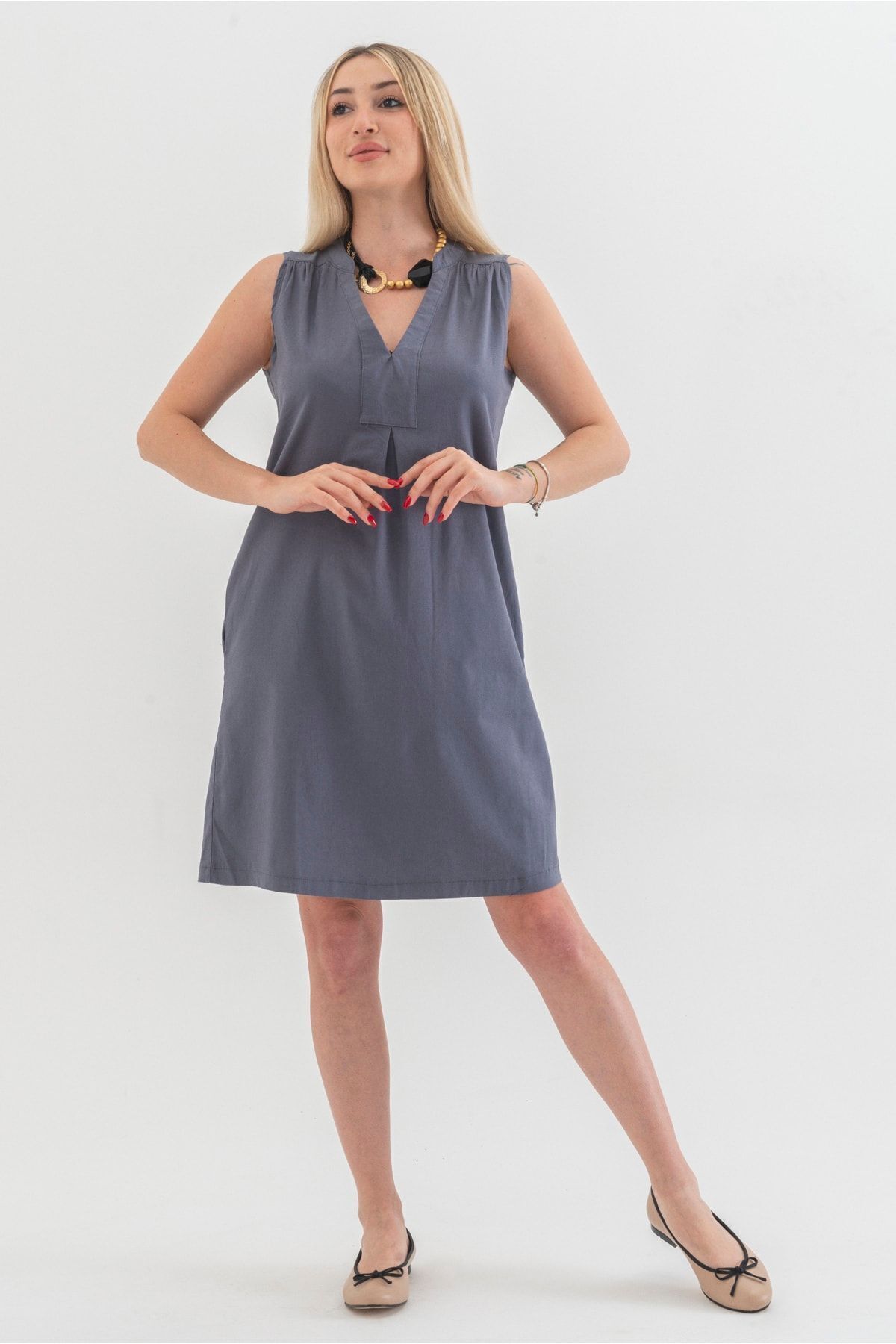 Cepli Yıkanmış Pamuk Likralı Elbise Gri - 3XL