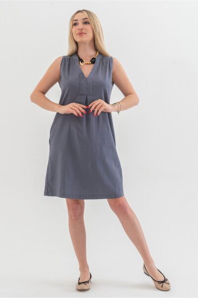 Cepli Yıkanmış Pamuk Likralı Elbise Gri - 3XL