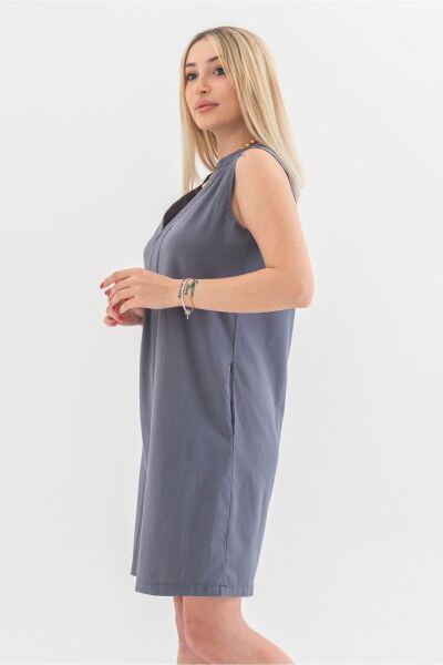 Cepli Yıkanmış Pamuk Likralı Elbise Gri - 3XL