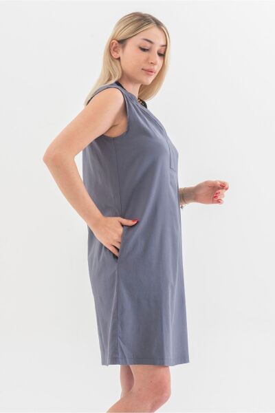 Cepli Yıkanmış Pamuk Likralı Elbise Gri - 3XL