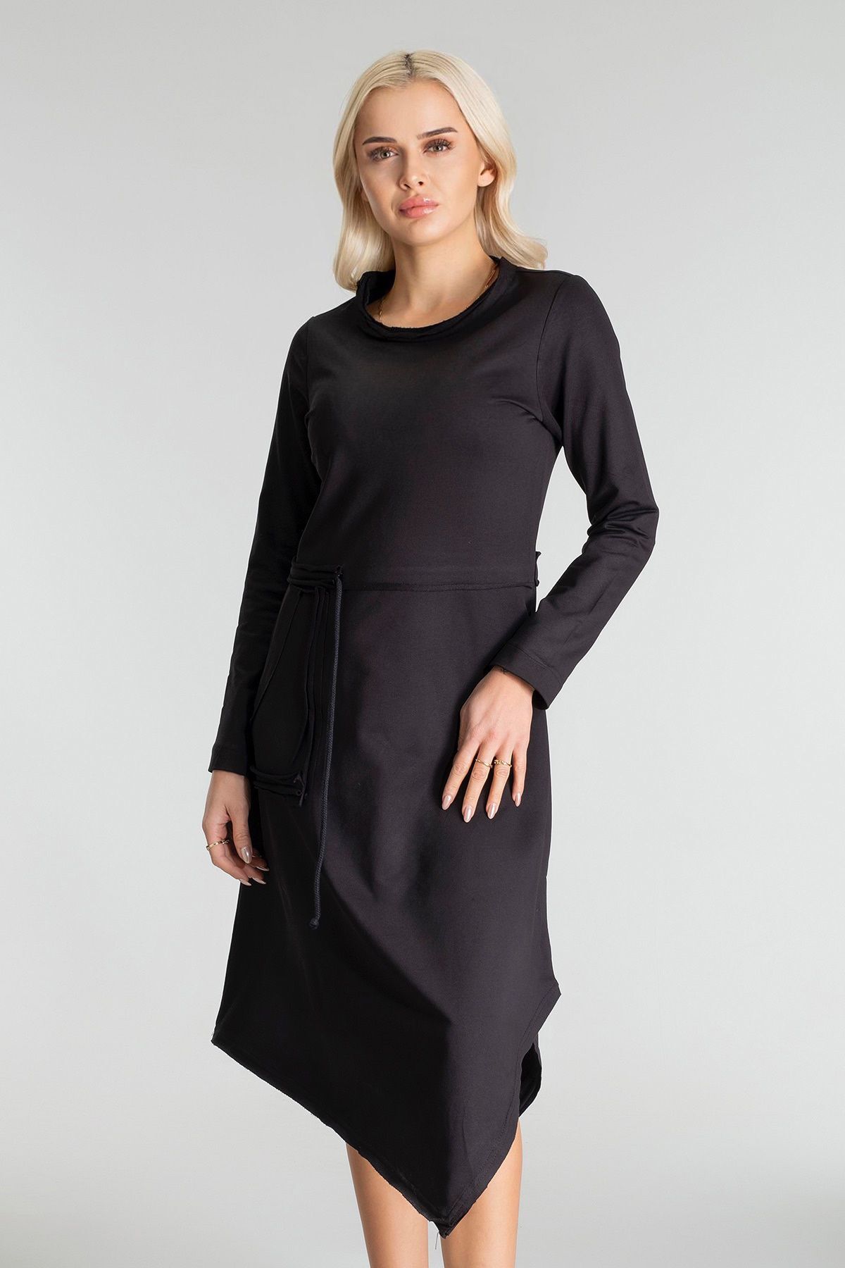 Kadın UzunKol  Pis Dikişli Yakalı Tek  Cepli Tünelli Pamuk  Likralı Örme Kumaş  Elbise Siyah - S